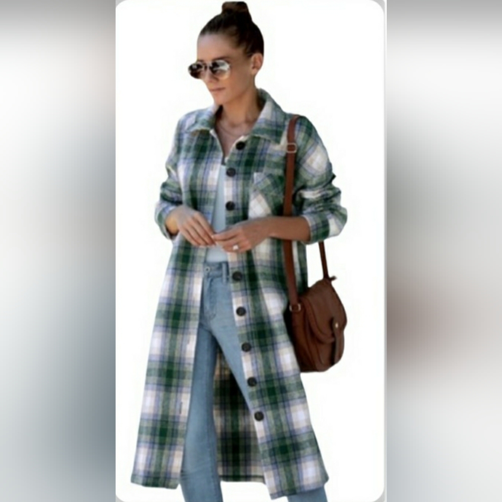 COTTON/FLANNEL PLAID GREEN CREAM /GREY BLACK OVERSIZED COAT